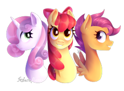 Size: 3000x2213 | Tagged: safe, artist:solareflares, imported from derpibooru, apple bloom, scootaloo, sweetie belle, earth pony, pegasus, pony, unicorn, growing up is hard to do, bust, cutie mark crusaders, ear fluff, female, high res, mare, older, older apple bloom, older cmc, older scootaloo, older sweetie belle, portrait, profile, simple background, smiling, transparent background