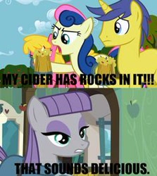 Size: 236x265 | Tagged: safe, edit, edited screencap, imported from derpibooru, screencap, bon bon, cherry berry, comet tail, maud pie, sweetie drops, earth pony, pony, unicorn, maud pie (episode), the super speedy cider squeezy 6000, angry, caption, cider, dialogue, female, hoof hold, image macro, male, mare, maud being maud, open mouth, picture for breezies, rock, text, tree, unamused