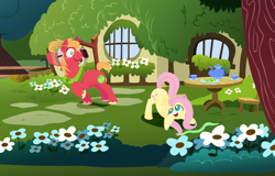 Size: 2000x1280 | Tagged: safe, anonymous artist, imported from derpibooru, big macintosh, fluttershy, earth pony, pegasus, pony, series:fm holidays, ass up, blushing, chair, cookie, cravat, cup, eyes on the prize, female, flower, fluttermac, fluttershy's cottage, food, garden, head turn, holiday, lineless, looking at butt, male, mare, misleading thumbnail, motion lines, no pupils, not what it looks like, saint patrick's day, shamrock, shipping, smear, stallion, straight, table, teacup, teapot, turned head