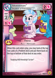 Size: 299x420 | Tagged: safe, imported from derpibooru, gallus, sandbar, silverstream, classical hippogriff, earth pony, griffon, hippogriff, pony, book, card, ccg, enterplay, eyes closed, female, grin, looking at something, male, merchandise, pencil, smiling, teenager, trading card