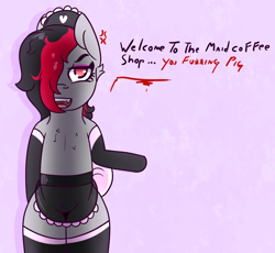 Size: 1088x1000 | Tagged: safe, artist:lazerblues, imported from derpibooru, oc, oc only, oc:miss eri, semi-anthro, angry, bipedal, black and red mane, clothes, dialogue, gloves, looking at you, maid, pink background, simple background, solo, transparent skirt, two toned mane, vulgar