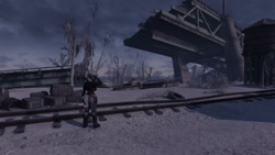 Size: 1360x768 | Tagged: safe, artist:defector, imported from derpibooru, oc, oc only, oc:celestial serenity, anthro, unicorn, 3d, anthro oc, clothes, fallout, fallout 4, looking at something, pipbuck, solo, wasteland, winter, winter outfit