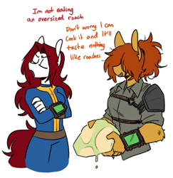 Size: 662x680 | Tagged: safe, artist:redxbacon, imported from derpibooru, oc, oc only, oc:fuzzy pone, anthro, clothes, computer, fallout, jumpsuit, pipboy, vault suit