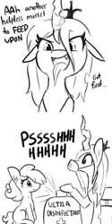 Size: 2250x4500 | Tagged: safe, artist:tjpones, artist:tjpones edits, edit, imported from derpibooru, queen chrysalis, oc, changeling, changeling queen, earth pony, pony, ..., changeling feeding, coronavirus, covid-19, dialogue, disinfectant spray, face mask, fangs, female, floppy ears, grayscale, mask, monochrome, onomatopoeia, simple background, surgical mask, white background
