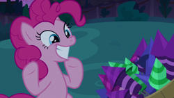 Size: 1920x1080 | Tagged: safe, imported from derpibooru, screencap, pinkie pie, earth pony, pony, season 9, the summer sun setback, spoiler:s09, bush, cute, diapinkes, excited, female, fireworks, grin, mare, night, pinkie being pinkie, sitting, smiling, solo, underhoof, wide smile