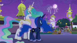 Size: 1920x1080 | Tagged: safe, imported from derpibooru, screencap, princess celestia, princess luna, alicorn, pony, the summer sun setback, canterlot, crown, duo, duo female, female, fireworks, folded wings, grin, jewelry, looking up, moon, night, regalia, siblings, sisters, smiling, tree, wings