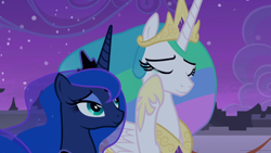 Size: 1920x1080 | Tagged: safe, imported from derpibooru, screencap, princess celestia, princess luna, alicorn, pony, the summer sun setback, canterlot, crown, crying, duo, duo female, ethereal mane, eyes closed, eyeshadow, female, flowing mane, folded wings, grin, hoof shoes, jewelry, lidded eyes, makeup, mare, multicolored mane, night, regalia, royal sisters, siblings, sisters, smiling, tears of joy