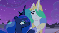 Size: 1920x1080 | Tagged: safe, imported from derpibooru, screencap, princess celestia, princess luna, alicorn, pony, the summer sun setback, canterlot, crown, crying, duo, duo female, female, grin, jewelry, looking at each other, night, proud, regalia, siblings, sisters, smiling, tears of joy, teary eyes