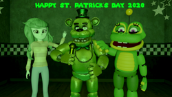 Size: 3840x2160 | Tagged: safe, artist:optimussparkle, imported from derpibooru, wallflower blush, frog, human, equestria girls, 3d, barely eqg related, crossover, five nights at freddy's, freddy fazbear, freddy fazbear's pizzeria simulator, happy frog, happy st. patrick's day, holiday, saint patrick's day, shamrock, shamrock freddy, source filmmaker