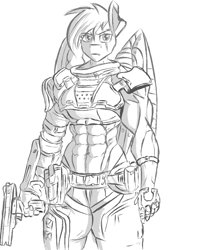 Size: 655x829 | Tagged: artist needed, source needed, safe, artist:rizzyofen, imported from derpibooru, rainbow dash, anthro, abs, alternate timeline, amputee, apocalypse dash, armor, artificial wings, augmented, clothes, crystal war timeline, female, gloves, gun, lineart, monochrome, muscles, prosthetic limb, prosthetic wing, prosthetics, rainbuff dash, sketch, solo, torn ear, uniform, weapon, wings