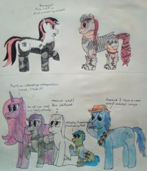 Size: 2333x2725 | Tagged: safe, artist:überreaktor, imported from derpibooru, oc, oc:blackjack, oc:boo, oc:lacunae, oc:morning glory (project horizons), oc:p-21, oc:rampage, oc:scotch tape, alicorn, earth pony, pegasus, pony, unicorn, fallout equestria, fallout equestria: project horizons, artificial alicorn, augmented, blank, clothes, comic, cyber legs, desperado hat, enclave, enclave uniform, fanfic art, female, filly, grenade, horn, jumpsuit, purple alicorn (fo:e), raider painspike armor, reaction, small horn, talking, text, tools, traditional art, two toned mane, uniform, varying degrees of want, vault suit, vulgar