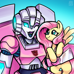 Size: 711x711 | Tagged: safe, artist:goodmode, imported from derpibooru, fluttershy, pegasus, pony, arcee, commission, crossover, cute, duo, female, looking at each other, smiling, transformers, transformers cyberverse