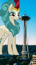 Size: 2200x3911 | Tagged: safe, artist:efernothedragon, artist:jerryakiraclassics19, imported from derpibooru, rain shine, kirin, architecture, building, female, flag, giant kirin, giant rain shine, giantess, high res, highrise ponies, irl, macro, mega giant, photo, ponies in real life, seattle, space needle, tower, washington (state)