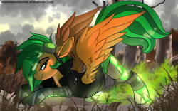 Size: 1920x1200 | Tagged: safe, artist:brainiac, imported from derpibooru, oc, oc only, oc:atom smasher, cyborg, pegasus, pony, amputee, bottomless, clothes, fanart, female, goggles, grass, jacket, mare, outdoors, partial nudity, prosthetic leg, prosthetic limb, prosthetics, solo, tree