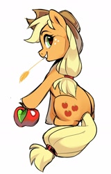 Size: 1212x1894 | Tagged: safe, artist:makaronder, imported from derpibooru, applejack, earth pony, pony, apple, cowboy hat, cute, female, hat, jackabetes, looking at you, looking back, looking back at you, mare, obligatory apple, profile, simple background, sitting, smiling, solo, straw in mouth, white background