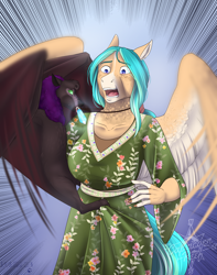 Size: 3274x4156 | Tagged: safe, artist:blackblood-queen, imported from derpibooru, oc, oc only, oc:dewberry, oc:willow breeze, anthro, bat, pegasus, anthro oc, clothes, crying, digital art, female, freckles, grandmother, jewelry, mare, necklace, story in the source, surprised
