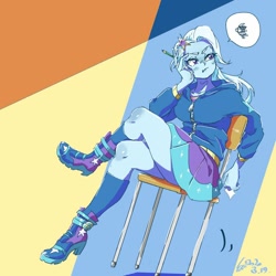 Size: 1000x1000 | Tagged: safe, artist:sozglitch, imported from derpibooru, trixie, equestria girls, angry, boots, chair, clothes, crossed legs, cute, diatrixes, female, high heel boots, hoodie, leaning, legs, madorable, miniskirt, moe, pencil, pictogram, shoes, sitting, skirt, socks, solo, speech bubble, thighs