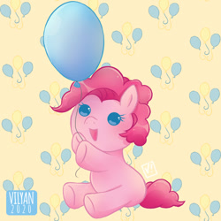 Size: 885x885 | Tagged: safe, artist:vilyann, imported from derpibooru, part of a set, pinkie pie, earth pony, pony, baby, baby pie, baby pinkie pie, baby pony, balloon, cute, cutie mark, cutie mark background, diapinkes, female, hoof hold, open mouth, sitting, solo, younger