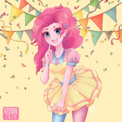 Size: 1160x1160 | Tagged: safe, artist:vilyann, imported from derpibooru, part of a set, pinkie pie, human, barrette, clothes, confetti, cute, diapinkes, dress, ear piercing, earring, female, humanized, jewelry, leggings, looking at you, open mouth, piercing, simple background, solo, streamers, yellow background