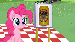 Size: 1920x1080 | Tagged: safe, imported from derpibooru, pinkie pie, earth pony, pony, exploitable meme, female, flower, meme, movie accurate, picnic, picnic blanket, pony tale adventures, pta, soda, soda can, solo, tree, visual novel