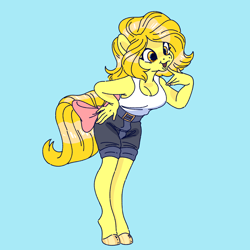 Size: 1800x1800 | Tagged: safe, artist:hillvalleyclown, imported from derpibooru, oc, oc only, oc:butterscotch (robiinart), anthro, earth pony, unguligrade anthro, anthro oc, blue background, bow, clothes, female, mare, open mouth, shorts, simple background, solo, tail bow, tanktop