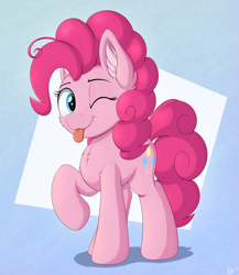 Size: 3300x3800 | Tagged: safe, artist:arcane-thunder, imported from derpibooru, pinkie pie, earth pony, pony, abstract background, blue background, cheek fluff, chest fluff, cute, diapinkes, ear fluff, female, gradient background, happy, mare, one eye closed, raised hoof, simple background, solo, tongue out, wink