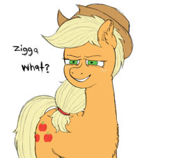 Size: 1047x951 | Tagged: safe, artist:happyartfag, imported from derpibooru, applejack, earth pony, pony, /mlp/, 4chan, applejack's hat, bigotjack, cowboy hat, drawthread, female, hat, looking at you, mare, out of character, racism, simple background, solo, text, white background, zigga