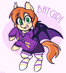 Size: 680x750 | Tagged: safe, artist:higgly-chan, imported from derpibooru, bat pony, pony, barbara gordon, batgirl, clothes, cute, dc comics, dc superhero girls, female, flying, hoodie, mare, open mouth, ponified, raised hoof, raised leg, shirt, shorts, socks, solo, striped socks, t-shirt