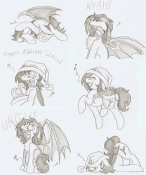 Size: 1143x1375 | Tagged: safe, artist:ravenpuff, imported from derpibooru, oc, oc only, oc:puffy, bat pony, pony, bag, bat pony oc, bat wings, bloodshot eyes, bust, christmas, face down ass up, fangs, female, freckles, goggles, happy, hat, heart, holiday, lineart, mare, music notes, onomatopoeia, open mouth, present, saddle bag, santa hat, sleeping, smiling, sound effects, tongue out, traditional art, underhoof, wings, yawn, yelling, zzz