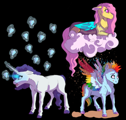 Size: 2869x2748 | Tagged: safe, artist:venommocity, imported from derpibooru, fluttershy, rainbow dash, rarity, draconequus, pony, fanfic:my little pony: the unexpected future, black background, blinded by the light, chocolate, chocolate rain, cloud, colored wings, cotton candy, cotton candy cloud, draconequified, electricity, female, flutterequus, food, high res, jewels, magic, magic aura, mare, multicolored wings, on a cloud, rain, simple background, sitting, sitting on a cloud, sitting on cloud, species swap, telekinesis, wings