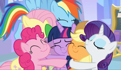 Size: 1621x937 | Tagged: safe, imported from derpibooru, screencap, applejack, fluttershy, pinkie pie, rainbow dash, rarity, spike, twilight sparkle, alicorn, dragon, pony, the ending of the end, cropped, cute, eyes closed, female, group, group hug, hug, male, mane seven, mane six, smiling, twiabetes, twilight sparkle (alicorn), winged spike, wings