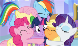 Size: 1584x941 | Tagged: safe, imported from derpibooru, screencap, applejack, fluttershy, pinkie pie, rainbow dash, rarity, spike, twilight sparkle, alicorn, dragon, pony, the ending of the end, cropped, cute, eyes closed, female, group, group hug, hug, male, mane seven, mane six, smiling, twilight sparkle (alicorn), winged spike, wings