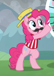 Size: 372x523 | Tagged: safe, imported from derpibooru, screencap, pinkie pie, pony, the ending of the end, bipedal, clothes, cropped, fake moustache, female, hat, solo