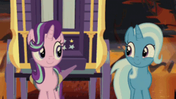 Size: 600x338 | Tagged: safe, imported from derpibooru, screencap, starlight glimmer, trixie, pony, unicorn, road to friendship, animated, close-up, cute, diatrixes, dodge, duo, female, fire, fire swamp, flame geyser, gif, glimmerbetes, mare, mawshot, mist, open mouth, singing, smiling, song, swamp, tree, trixie's wagon, uvula, vine, wagon, we're friendship bound