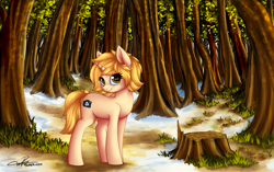 Size: 4500x2823 | Tagged: safe, artist:supermoix, imported from derpibooru, oc, oc only, oc:pia, pony, unicorn, beautiful, complex background, cute, detailed background, female, forest, forest background, grass, mare, scenery, scenery porn, solo, tree stump