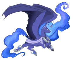 Size: 3300x2700 | Tagged: safe, artist:t3ssrina, imported from derpibooru, princess luna, alicorn, pony, armor, armored shin guards, bat wings, ethereal fetlocks, ethereal mane, ethereal tail, female, flying, hoof on chest, horn, horn guard, horn guard (armor), hybrid wings, mare, peytral, redesign, sash, simple background, slit eyes, slit pupils, smiling, solo, spread wings, starry mane, transparent background, wings