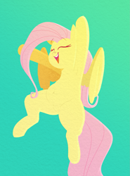Size: 1155x1560 | Tagged: safe, artist:hattsy, imported from derpibooru, fluttershy, pegasus, pony, armpits, belly, belly button, chubby, female, mare, open mouth, raised arms, smiling, solo, spread legs, spreading