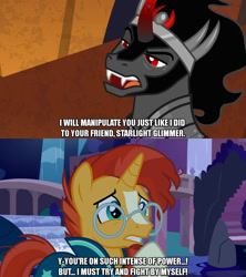 Size: 1280x1440 | Tagged: safe, artist:jaredking203, edit, edited screencap, editor:jaredking203, imported from derpibooru, screencap, king sombra, sunburst, pony, unicorn, student counsel, the beginning of the end, caption, clothes, comic, crown, curved horn, fangs, glasses, horn, jewelry, male, meme, regalia, robe, screencap comic, stallion, sunburst's cloak, sunburst's glasses, sunburst's robe, text, worried