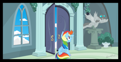 Size: 2000x1027 | Tagged: safe, artist:sherathoz, imported from derpibooru, rainbow dash, oc, oc:neo miles, pegasus, pony, clothes, commission, female, flying, male, mare, permanent, petrification, rainbow dash's house, show accurate, stallion, statue, uniform, wonderbolts uniform