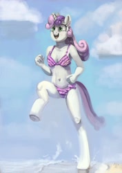 Size: 2897x4096 | Tagged: safe, artist:toisanemoif, imported from derpibooru, sweetie belle, anthro, unguligrade anthro, beach, bikini, clothes, female, solo, swimsuit