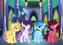 Size: 2213x1585 | Tagged: safe, artist:soarindash10, imported from derpibooru, oc, oc only, pony, base used, castle, cutie mark, earth pony oc, eye scar, group, hallway, horn, line-up, looking at each other, looking down, looking up, next generation, offspring, parent:big macintosh, parent:cheese sandwich, parent:flash sentry, parent:fluttershy, parent:pinkie pie, parent:rainbow dash, parent:soarin', parent:twilight sparkle, parents:cheesepie, parents:flashlight, parents:fluttermac, parents:soarindash, pegasus oc, scar, twilight's castle, unicorn oc