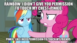 Size: 600x337 | Tagged: safe, edit, edited screencap, imported from derpibooru, screencap, pinkie pie, rainbow dash, daring done?, caption, image macro, meme, memeful.com, text, touching