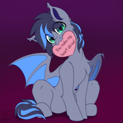 Size: 3500x3500 | Tagged: safe, artist:airfly-pony, imported from derpibooru, part of a set, oc, oc only, oc:midnight aegis, bat pony, pony, cute, looking at you, male, sitting, stallion, ych result