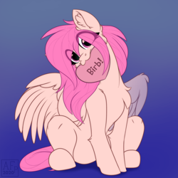 Size: 3500x3500 | Tagged: safe, artist:airfly-pony, imported from derpibooru, part of a set, oc, oc only, oc:peach hack, pegasus, pony, birb, blue background, eye clipping through hair, female, heart, looking at you, mare, mouth hold, simple background, sitting, ych result