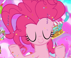 Size: 1151x936 | Tagged: safe, imported from derpibooru, screencap, discord, pinkie pie, the ending of the end, chaos pinkie, cropped, eyes closed, female, smiling, solo focus