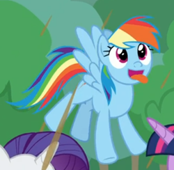 Size: 419x409 | Tagged: safe, imported from derpibooru, screencap, rainbow dash, rarity, twilight sparkle, alicorn, pegasus, pony, unicorn, the ending of the end, chocolate, chocolate rain, cropped, cute, dashabetes, female, flying, food, offscreen character, rain, silly face, solo focus, tongue out, twilight sparkle (alicorn)