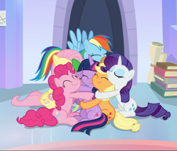 Size: 1098x937 | Tagged: safe, imported from derpibooru, screencap, applejack, fluttershy, pinkie pie, rainbow dash, rarity, spike, twilight sparkle, alicorn, dragon, pony, the ending of the end, cropped, cute, eyes closed, female, group, group hug, hug, male, mane seven, mane six, smiling, squishy cheeks, twilight sparkle (alicorn), winged spike, wings