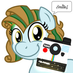 Size: 1000x1000 | Tagged: safe, artist:toyminator900, imported from derpibooru, oc, oc only, oc:atlas, pony, unicorn, camera, dialogue, female, glowing horn, horn, magic, mare, polaroid, simple background, smiling, solo, speech bubble, telekinesis, transparent background