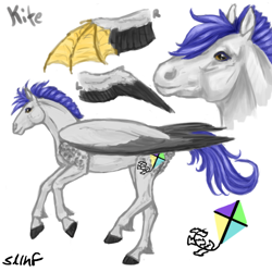 Size: 600x600 | Tagged: safe, artist:sdlhf, imported from derpibooru, oc, oc only, oc:kite, pegasus, pony, artificial wings, augmented, bio in description, hoers, male, missing limb, missing wing, offspring, parent:rarity, parent:thunderlane, parents:rarilane, realistic, reference sheet, simple background, solo, stallion, white background, wings