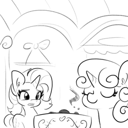 Size: 3707x3707 | Tagged: safe, artist:tjpones, imported from derpibooru, rarity, sweetie belle, pony, unicorn, sisterhooves social, belle sisters, bread, cooking, duo, female, food, grayscale, liquid toast, mare, monochrome, scene interpretation, siblings, simple background, sisters, sweetie belle can't cook, sweetie fail, toast, white background